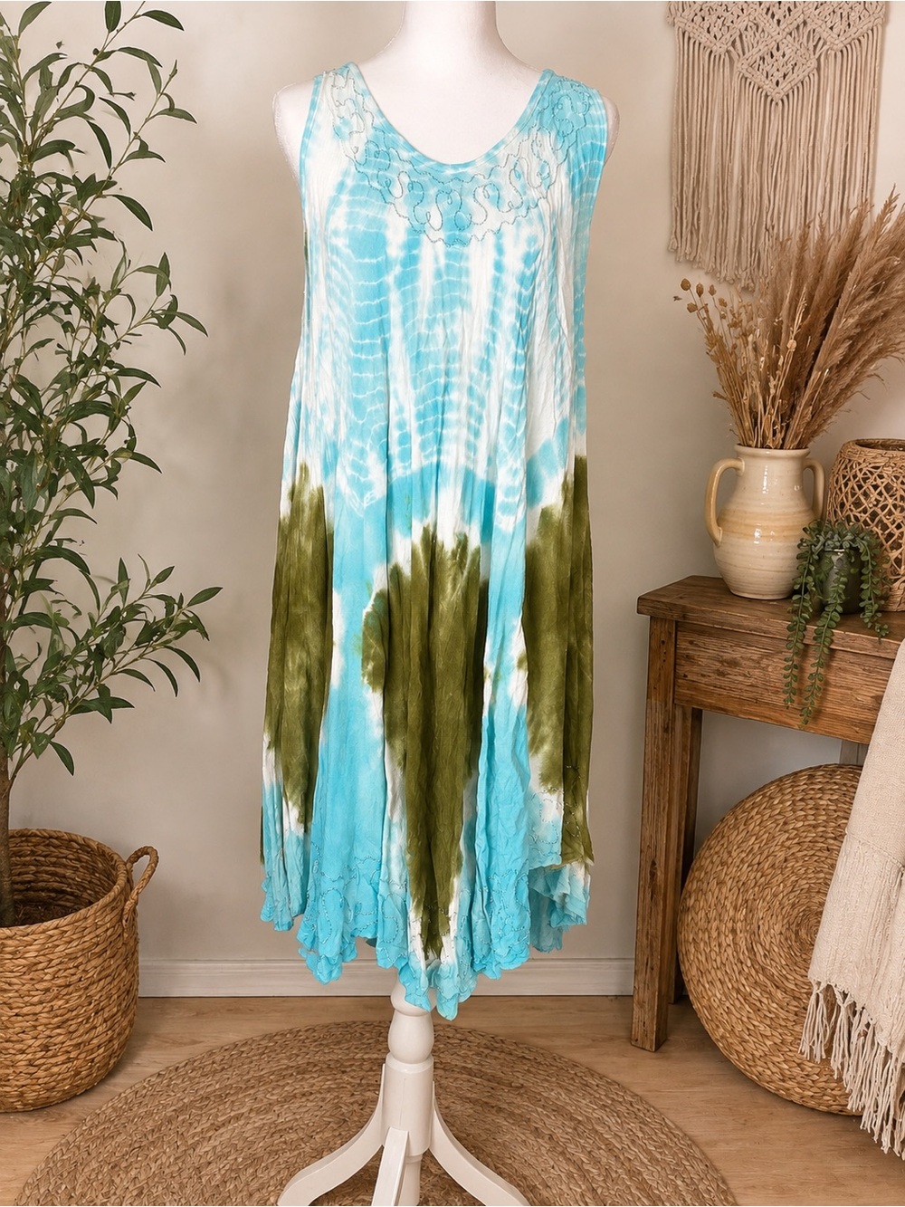 India Boutique Aqua and Olive Tie-Dye Midi Dress
